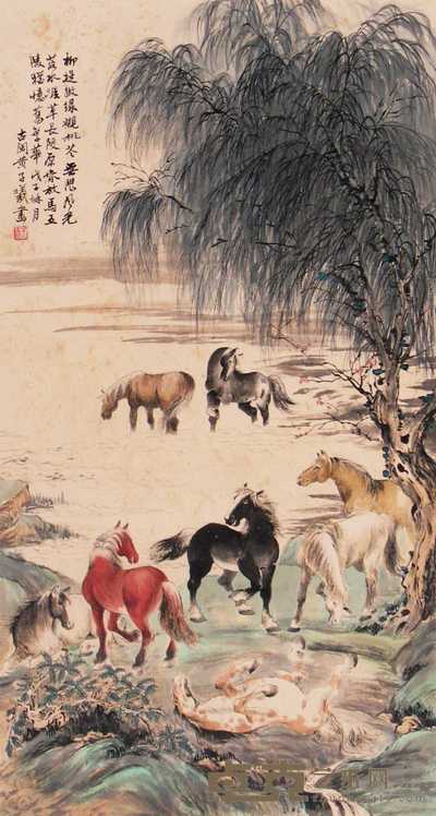 黄子曦 柳阴浴马图 立轴 96×48cm